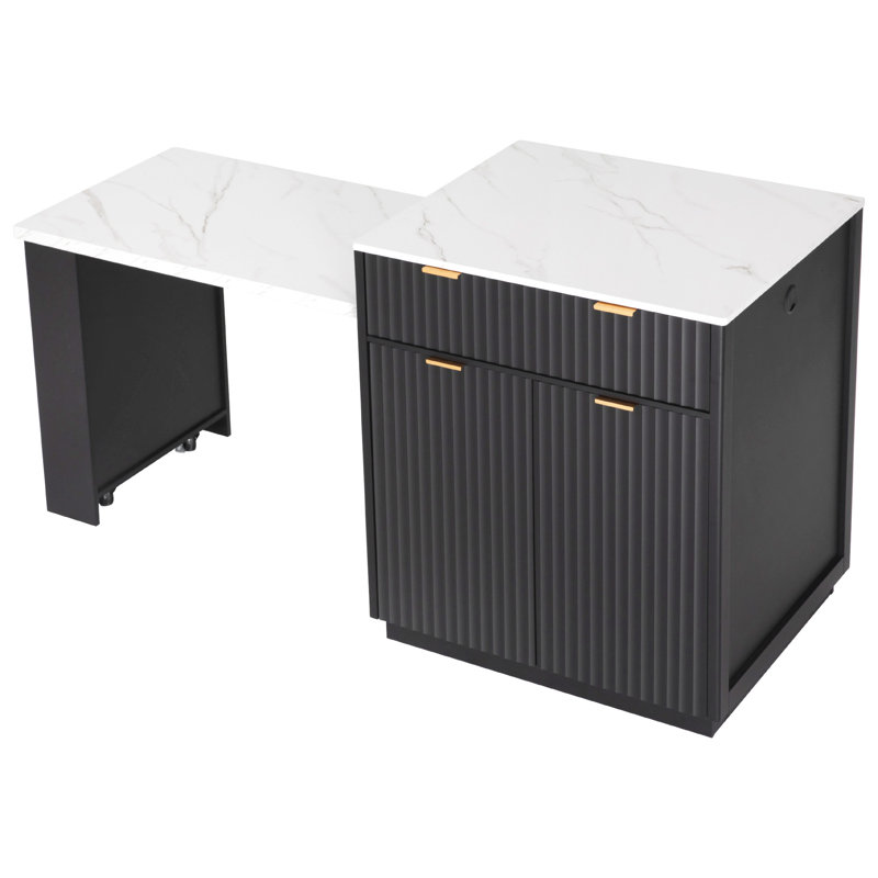 Îlot de cuisine moderne avec table de salle à manger extensible et rangement, panneau de fibres à densité moyenne noir et finition marbre