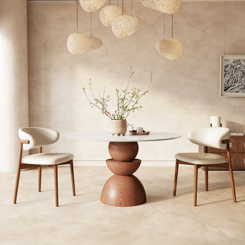 Dining Room Kitchen Table Round Conlon 39", Scratch-resistant Stone Top & Solid Wood Base, White, 29.53"H x 39.3"L x 39.3"W
