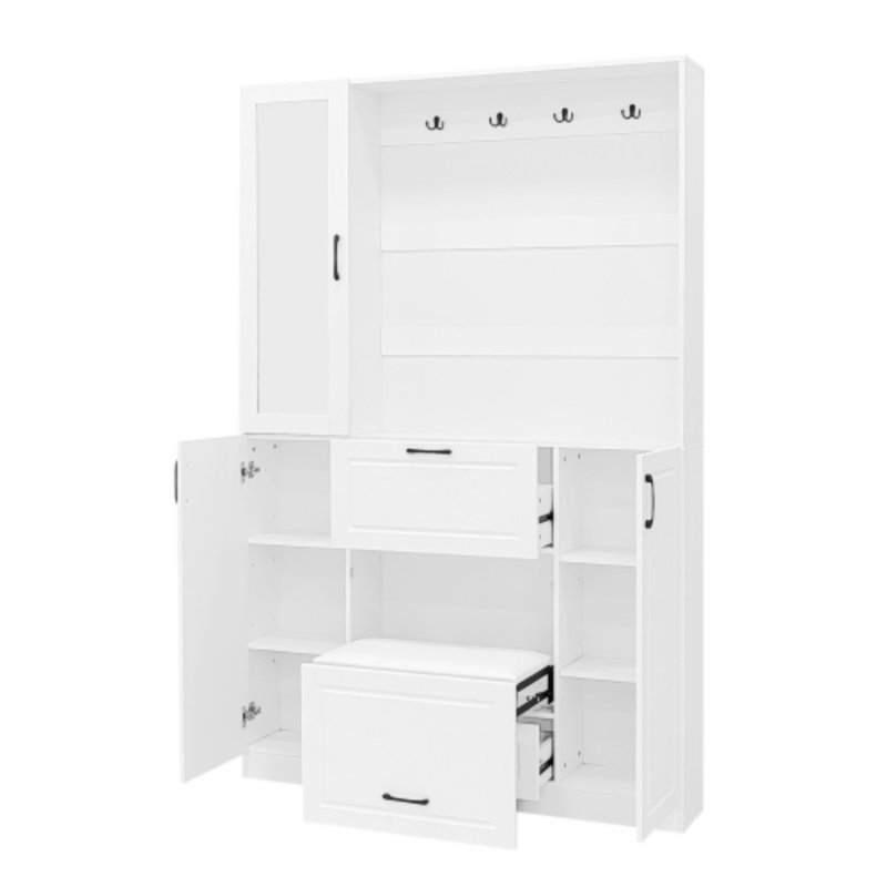 51.1" Entryway Bench With Shoe Storage - 3-In-1 Hall Tree With Mirror & Foldable Seat - 4 Sturdy Hooks