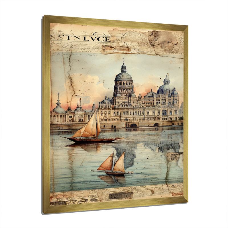 «Venice Distant Memories Journal Collage», reproduction sur toile, H 40 po x l 30 po x P 1,5 po, Cadre doré à une seule photo