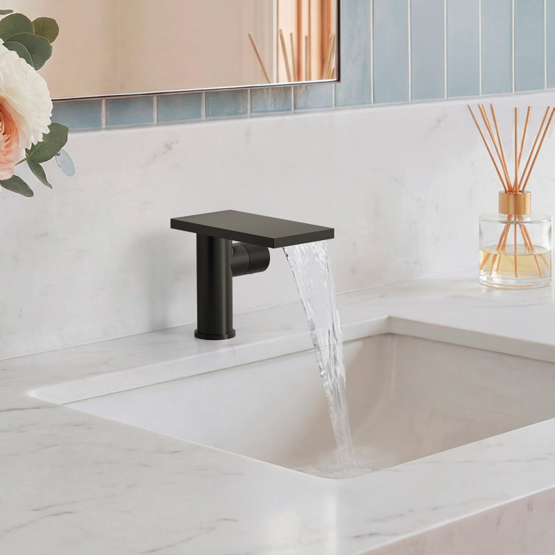 Single Hole Bathroom Faucet, Single-Handle Waterfall Sink Faucet with Drain Assembly, Matte Black
