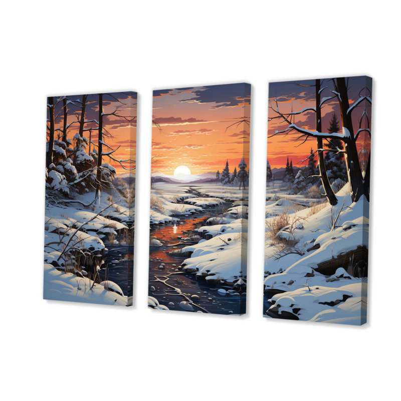Paysage d'hiver rivière sur toile, 3 pièces, H 28 po x l 36 po x P 1 po, Wrapped Canvas