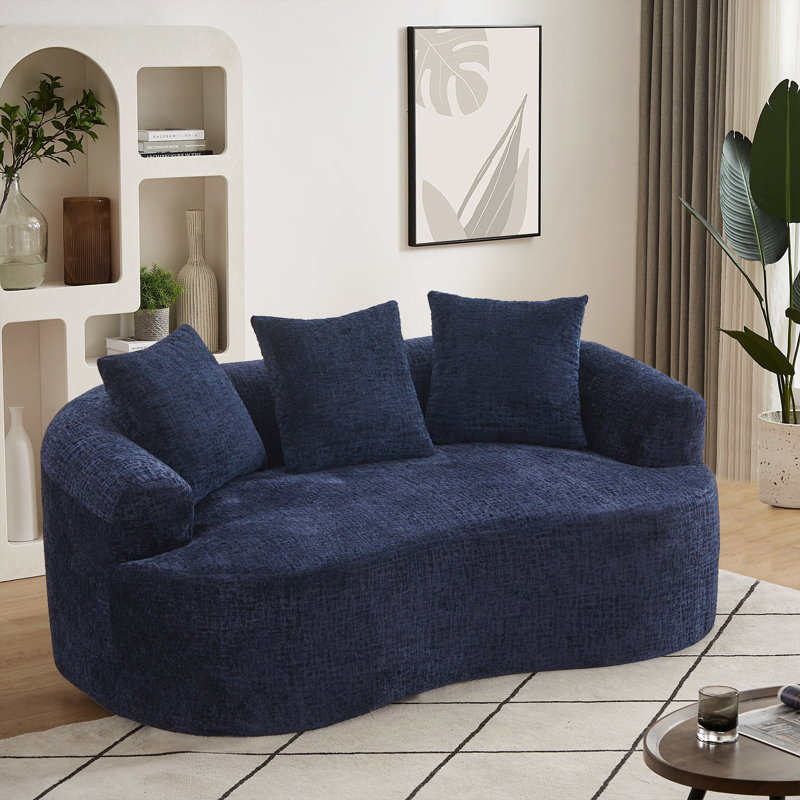 Curved Modern Boneless Loveseat,Chenille Sofa Couch, Blue