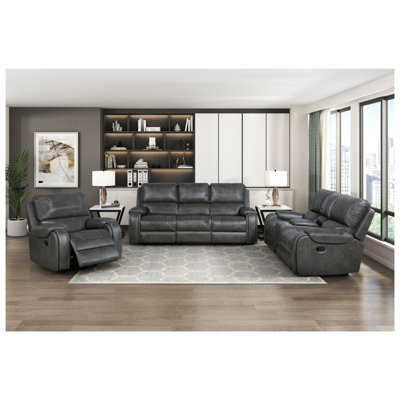 Grey Reclining Sofa 3pc Set Upholstered Sofa Loveseat Chair USB Ports Storage Console Faux Leather Living Room Furniture