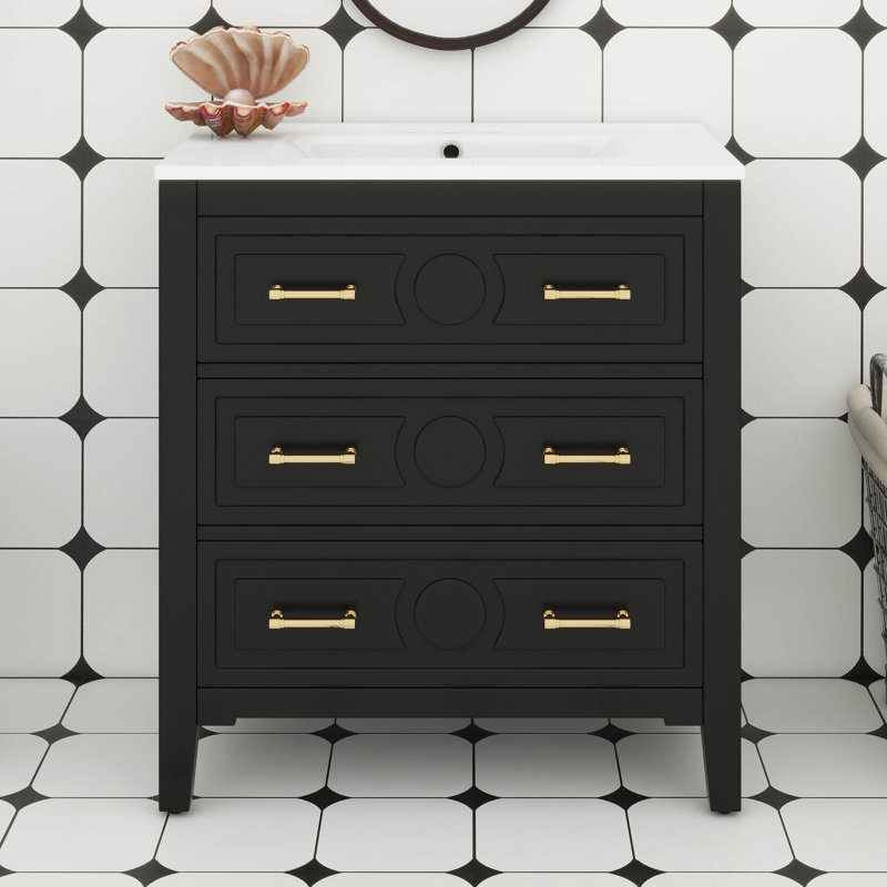 Meuble-lavabo autoportant de 30 po avec lavabo en céramique, armoire de rangement moderne avec 3 tiroirs, Noir