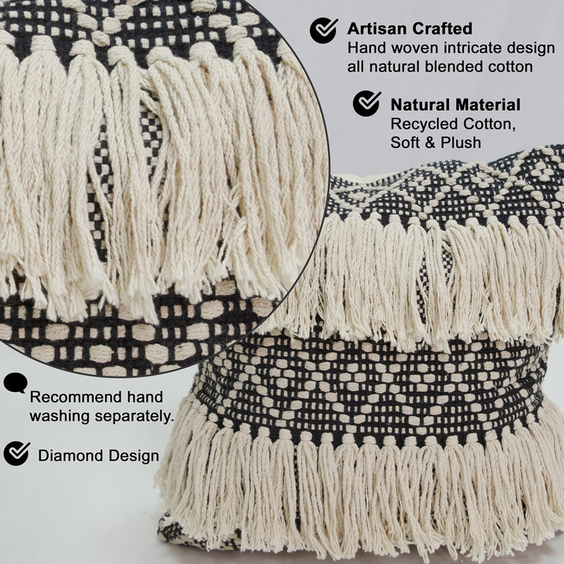 Black and Ivory Cotton Diamond Fringe Throw Pillow Covers, Set of 2
