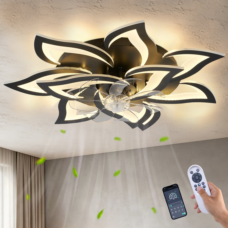 Ensemble d'éclairage discret pour ventilateur de plafond à motif floral avec télécommande, Black - 35"