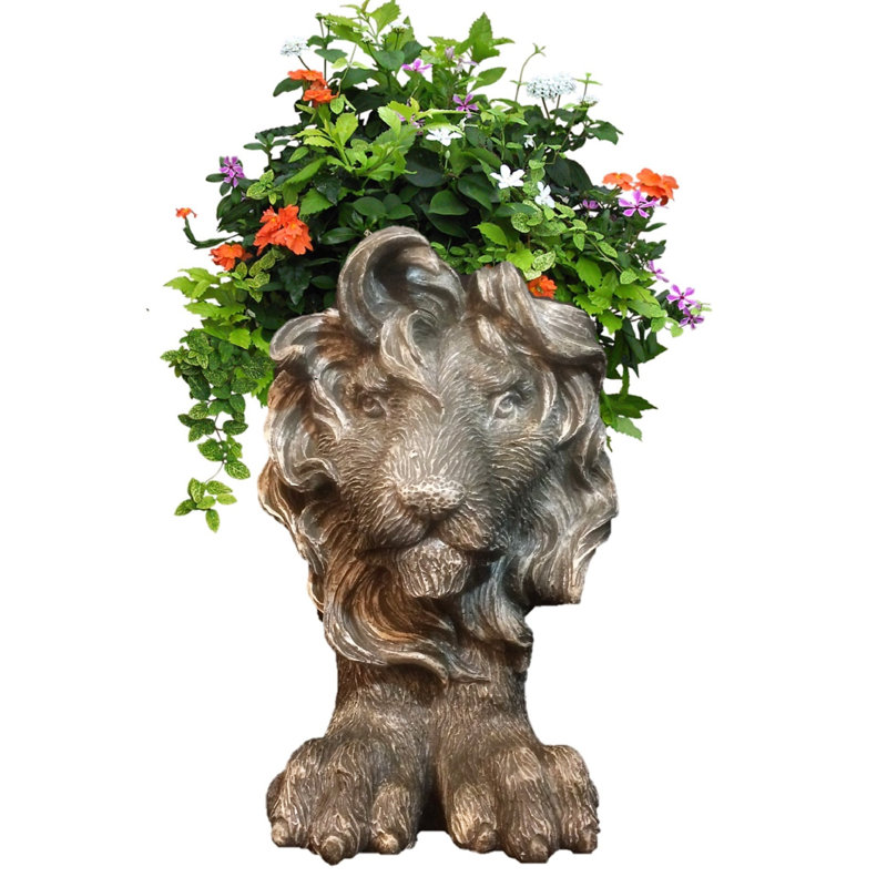 Muggly's Lion Mascot Animal Statue Planter, 13.5" H x 9" W x 9.5" D, Gray Stone