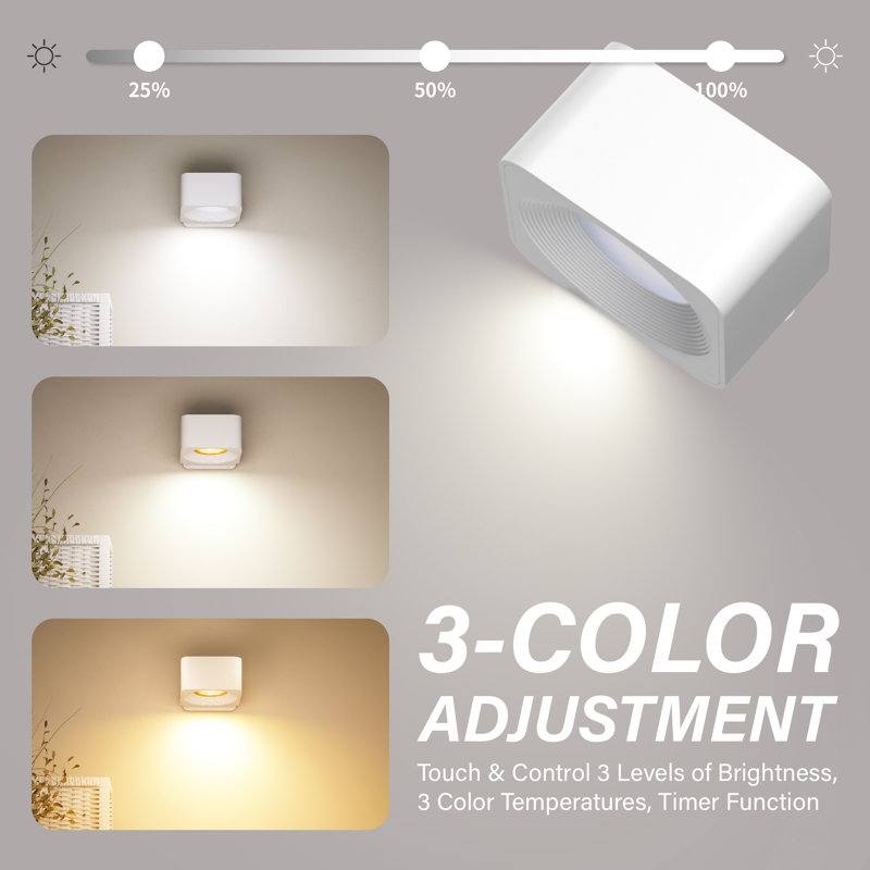 Applique murale à pile 3Colors, lampe murale rechargeable à télécommande, lampe de bureau rechargeable portative, Blanc