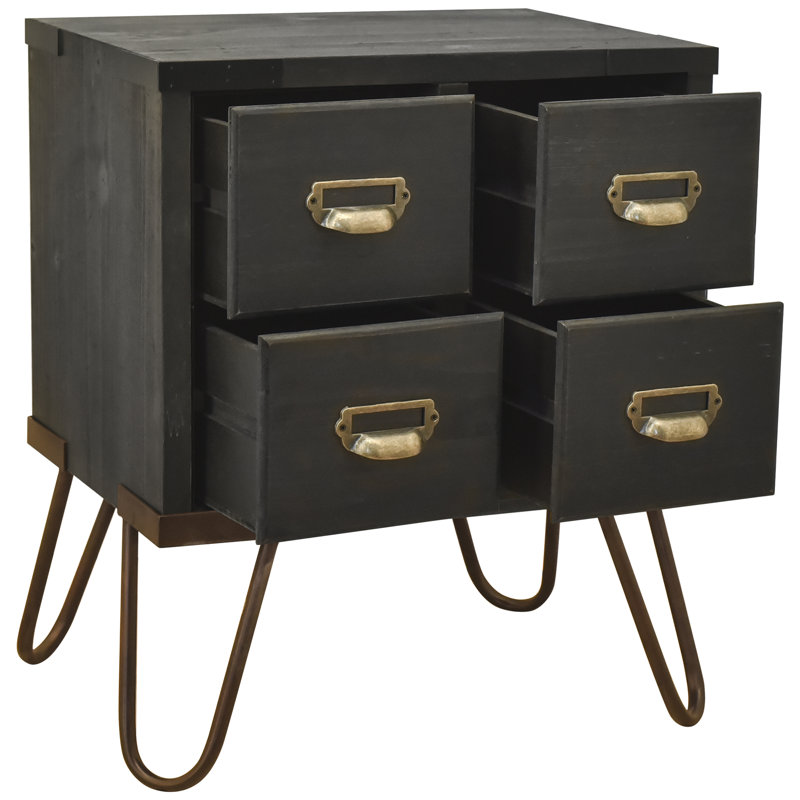 Table d'appoint 22,5 po avec 4 tiroirs et pieds en épingle à cheveux en métal, Noir antique