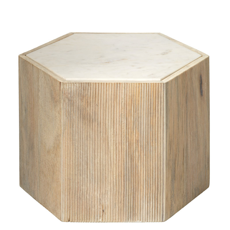 Grande table hexagonale Tiney en bois naturel et marbre blanc, H 14 po x l 20 po x P 17 po