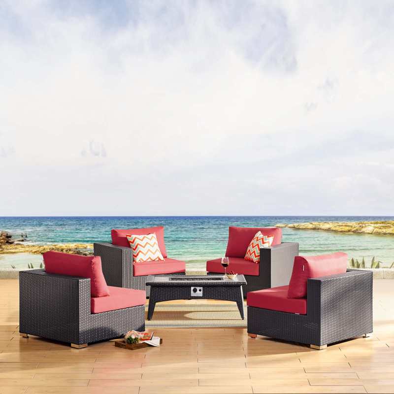 Convene 5 Piece Set Outdoor Patio with Fire Pit, Red