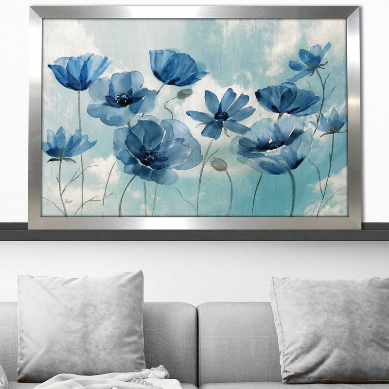 «Springing Up Blue» par - Peinture, Encadrement argenté, H 33,5 po x l 49,5 po x P 1 po