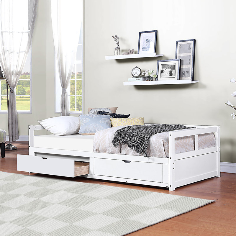 Wooden Daybed with Trundle Bed and Two Storage Drawers , Extendable Bed Daybed,Sofa Bed for Bedroom Living Room, White