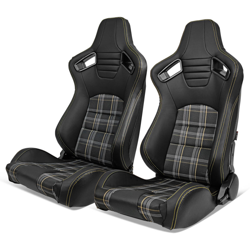 Paire de sièges Universal Racing avec double glissière, tissu écossais pu et bleu et cuir carbone inclinable à gauche, à carreaux noir et bleu