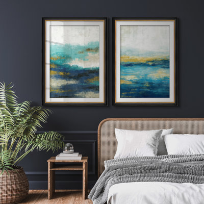 Teal Blue and Gold Layered Abstract Wall Decor for Living Room Bedroom or Office Framed Wall Art 26"x36" Set of 2