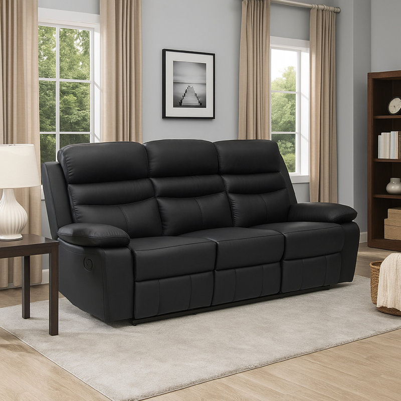Hanna Double Reclining Sofa, Top Grain Leather, 87 Inch, Manual - Push Button, Black