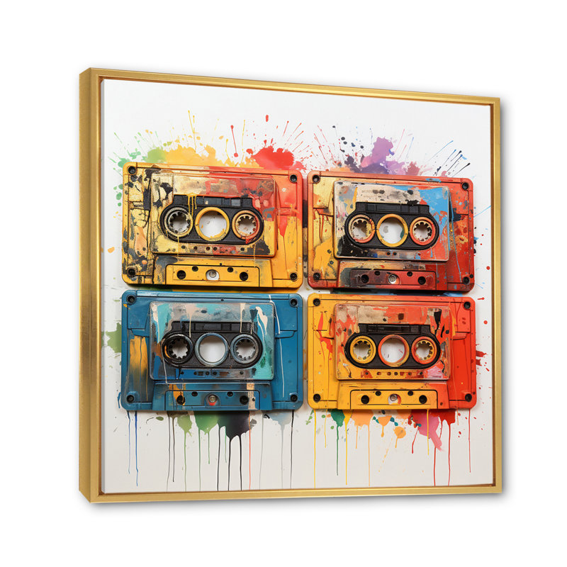 Popart Cassette Tapes, Cadre flottant doré, H 16 po x l 16 po x P 1 po