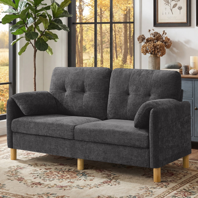 Canapé 65,4 po en chenille touffetée - Structure en bois robuste, poches de rangement, Gris foncé