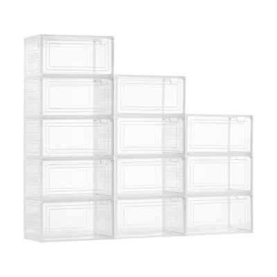 Boîtes de rangement pour chaussures, 12 boîtes de rangement pour chaussures empilables transparentes avec porte magnétique, s'adaptent à la taille 13, contenants de sport en plastique pour talons hauts, bottes et chapeaux, blanc transparent