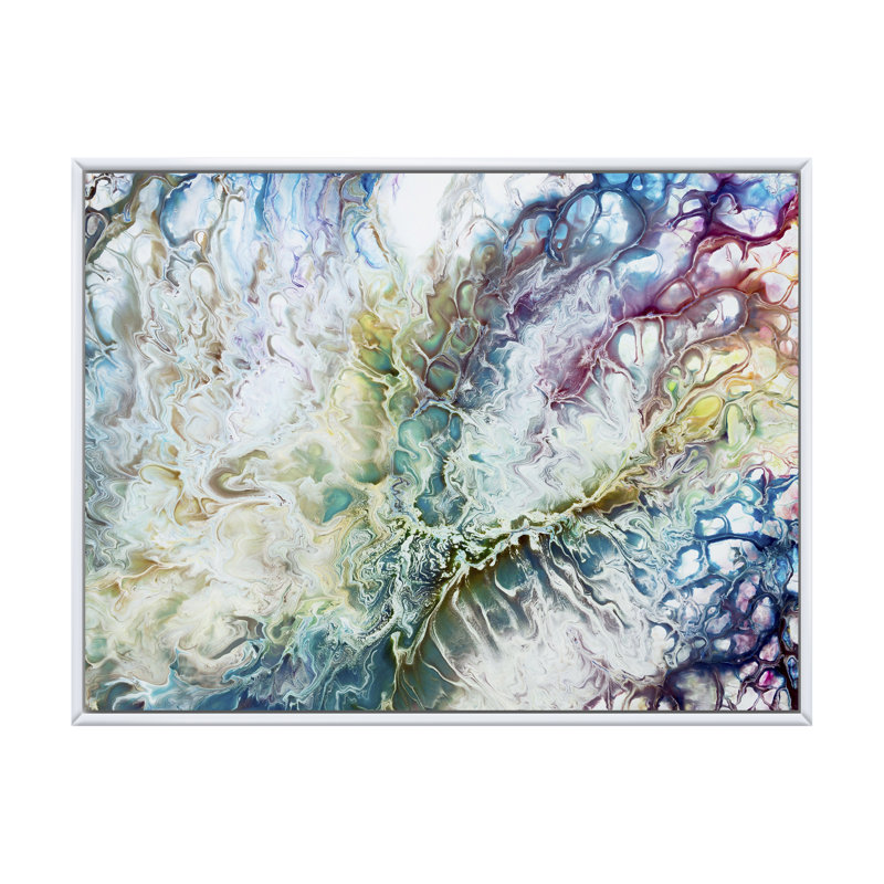«Yellow and Green Abstract Strokes I», peinture sur toile, H 24 po x l 32 po, Cadre flottant blanc