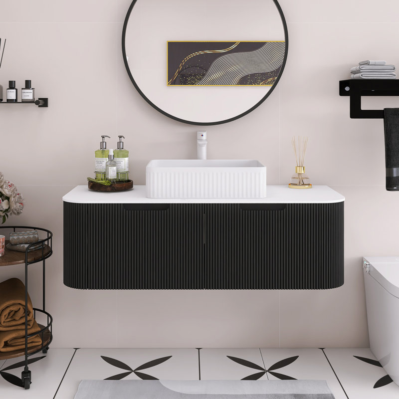 Meuble-lavabo mural de 48 po de couleur grain de bois avec bords arrondis et conception rayée, armoire de rangement avec 2 tiroirs, lavabo rectangulaire en céramique blanche.
