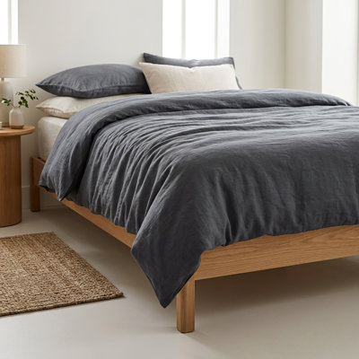 Housse de couette gris anthracite en lin à motif de tapis - Grand