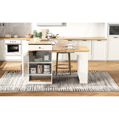 Îlot de cuisine blanc avec table de salle à manger extensible de 59,5 po, rangement double face, 2 tiroirs, prise de courant, tablettes latérales ouvertes, extension de 10,2 26 à 41,8 po, boucle en métal, mobile, idéal pour et rangement