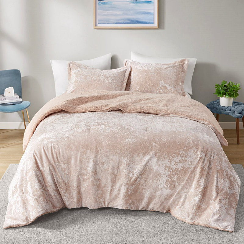 Ensemble d'édredon réversible en sherpa concassé, Édredon très grand + 2 pièces supplémentaires, Rose