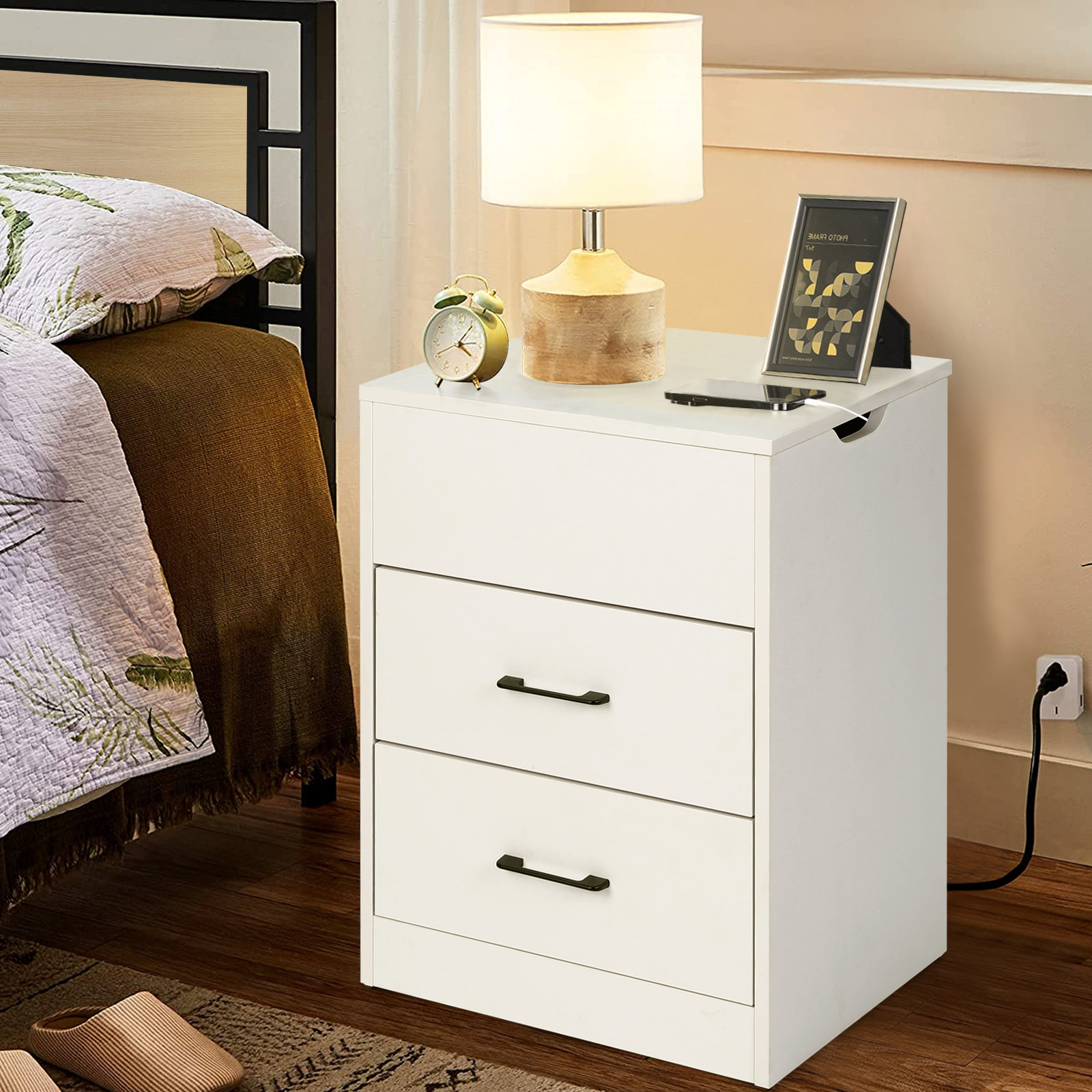 White bedside table with 2024 wood top