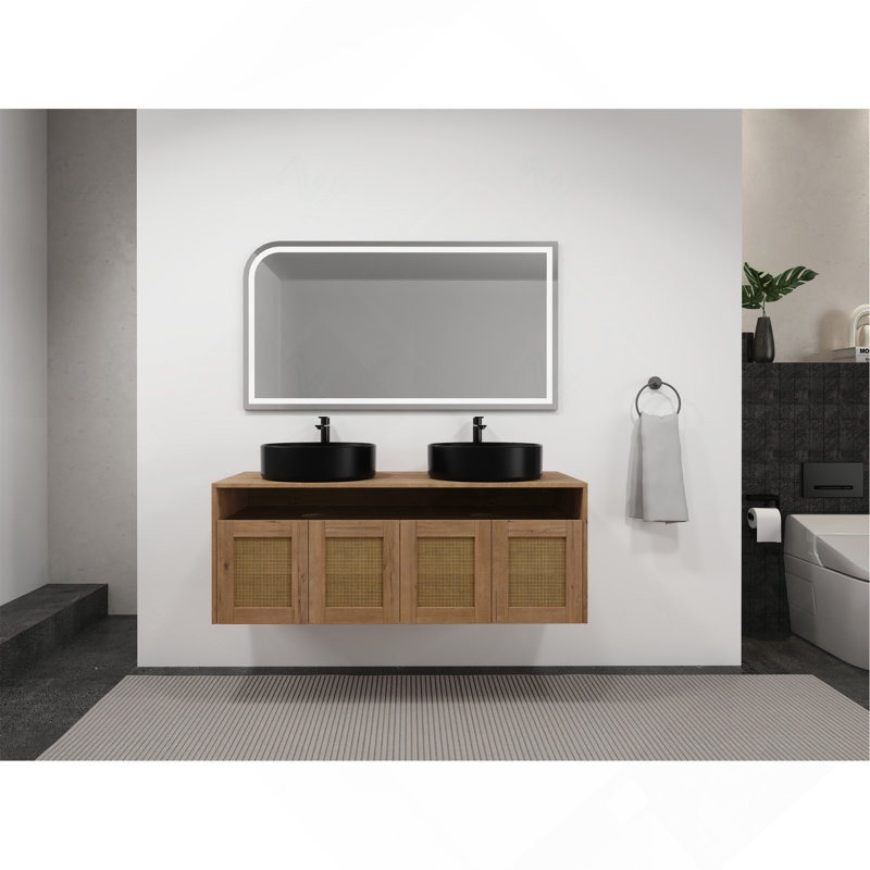 Meuble-lavabo 48 po avec lavabo d'art en céramique noire, 4 portes à fermeture douce, montage flottant, contreplaqué
