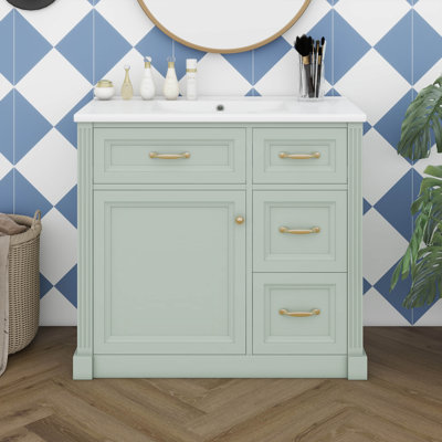Meuble-lavabo 36 po avec lavabo en céramique, meuble-lavabo simple avec 4 tiroirs, porte à fermeture en douceur et tablette réglable