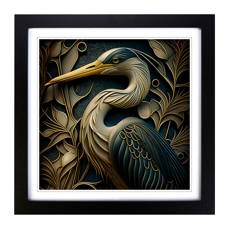 Heron Art Deco - Framed Print, Black