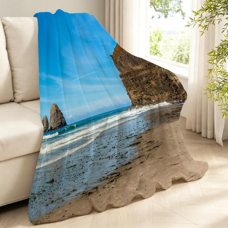 Jeté en molleton bleu flanelle ultra doux, imprimé face à la plage Oregon, Throw 40" x 50"