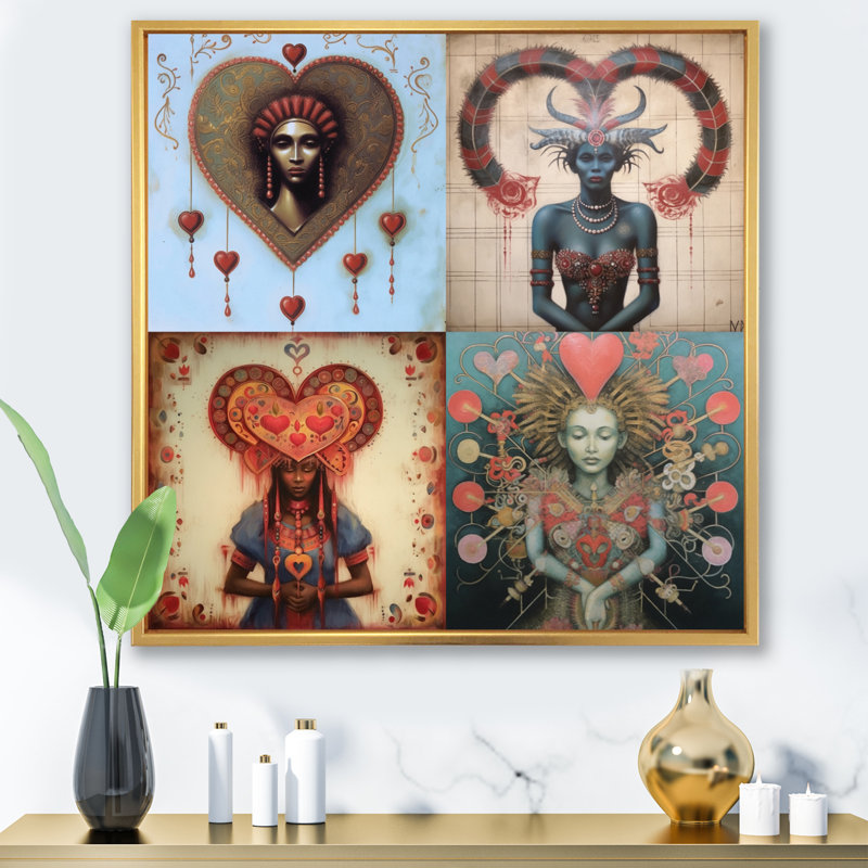 Trois déesses de l'unité universelle sur toile, H 16 po x l 16 po, Cadre flottant doré