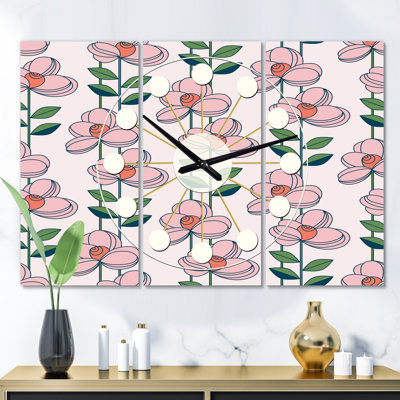 Horloge murale rétro à motif floral Mid-Century