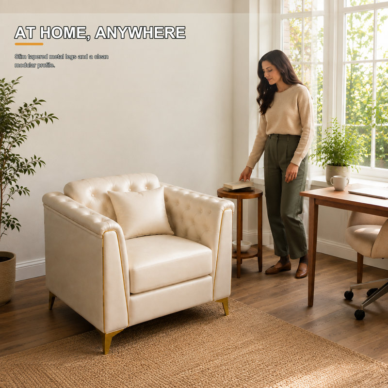 Canapé modulaire Chesterfield une place en similicuir beige/blanc, Beige / Blanc