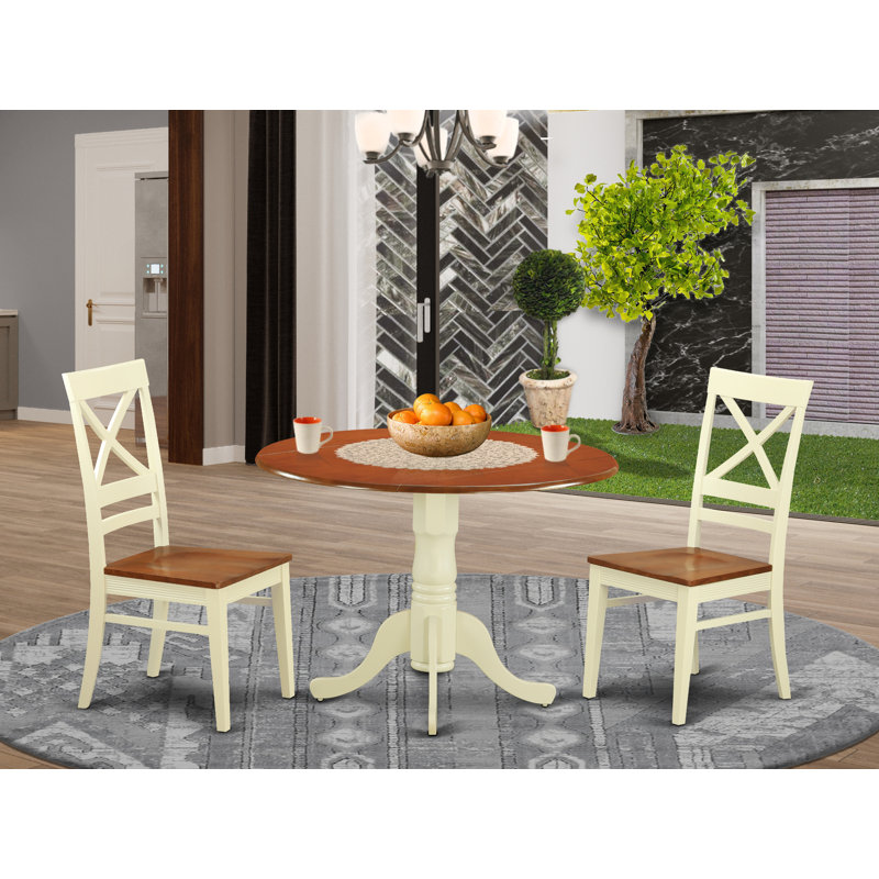 3 Piece Dining Room Furniture Set Contains a Round Kitchen Table with Dropleaf and 2 Dining Chairs, Buttermilk & Cherry