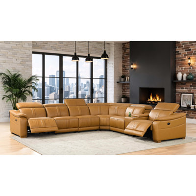 Canapé modulaire en cuir avec sièges inclinables, appuis-tête réglables et porte-gobelets de rangement en cuir véritable - faux cuir gingembre, profondeur 125,62 po, largeur 115,73 po, hauteur 32,02 po, 437,56 po