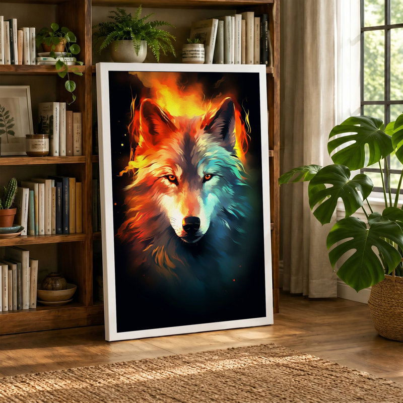 Fire And Ice Wolf Fantasy - Print, 24x16 - 61.0 x 40.6 cm, Taupe Border