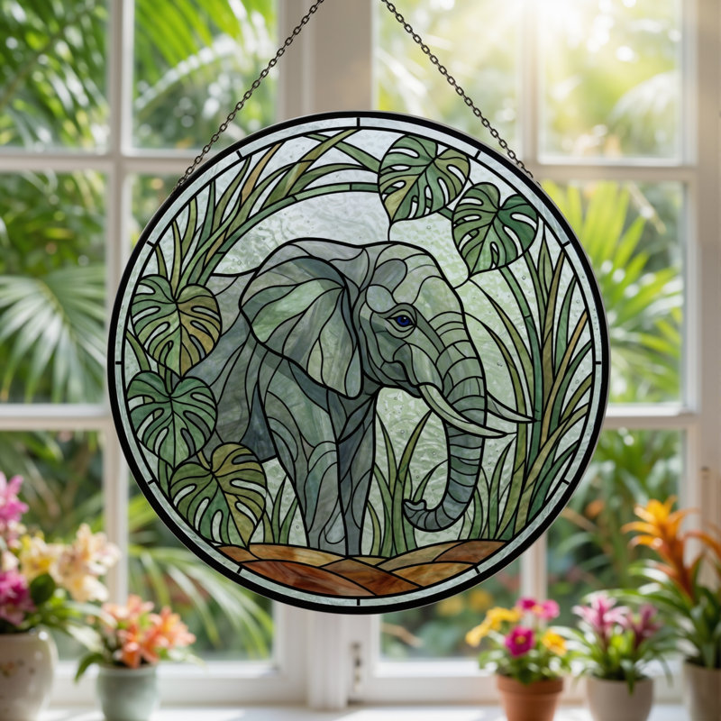 Panneau de vitrail Elephant Jungle, H 12 po
