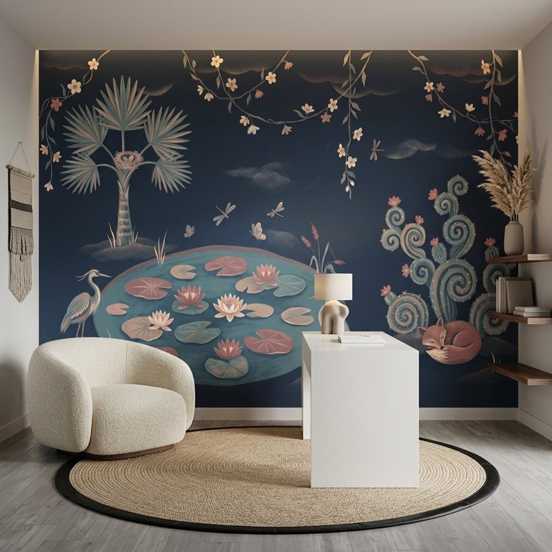 Papier peint paysage fantaisiste, fond bleu marine foncé, étang avec nénuphars, fresque murale, 100"x96", Non-Woven Nonpasted