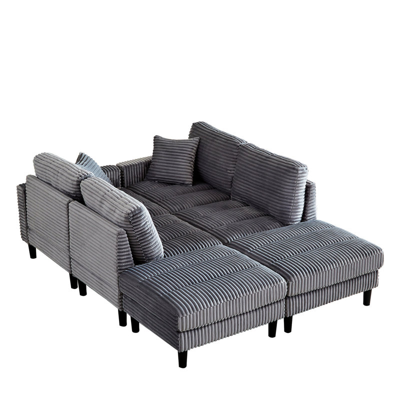 Velours côtelé gris en forme de U avec 2 coussins et deux repose-pieds pour se détendre, Velours côtelé gris