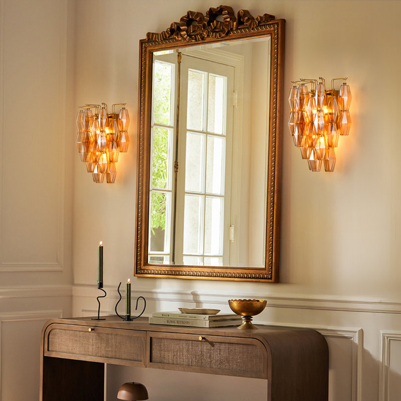 Fenella 3-Light Dimmable Iron Amber Glass Flush Mounted Sconce, Gold