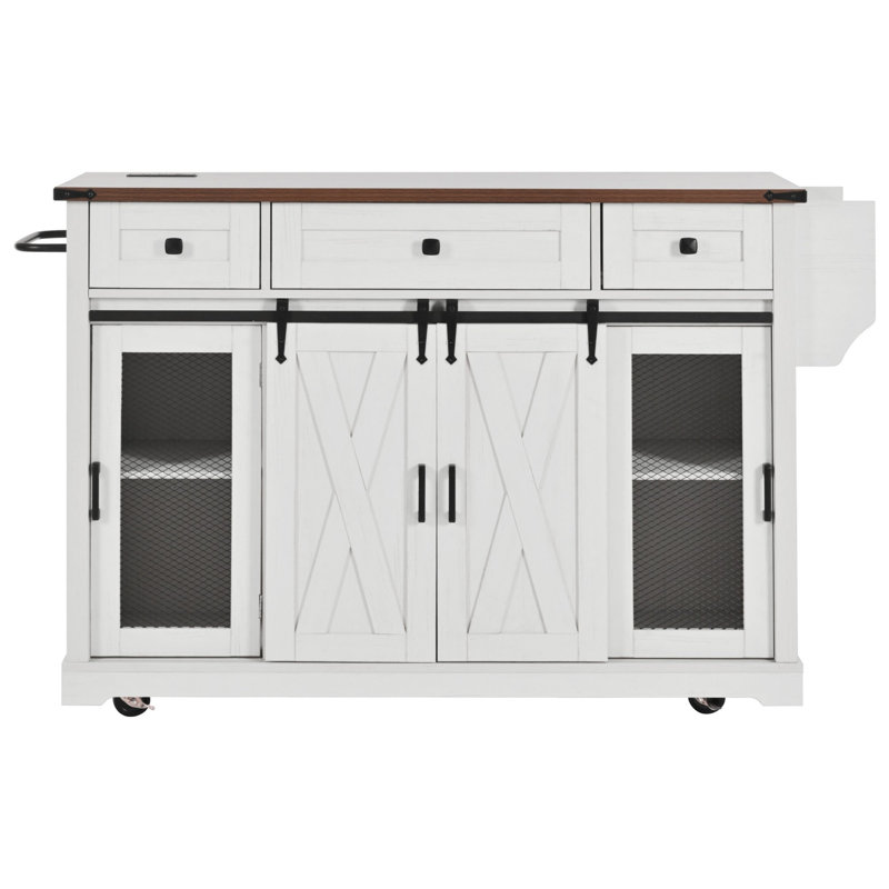 Îlot de cuisine de style campagnard, table à abattants portable, rangement en MDF blanc