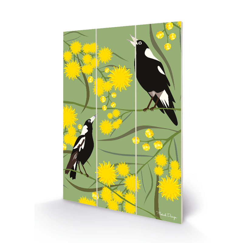 Magpies by Mokoh - No Frame Print on Wood, 29.5cm H x 20cm W x 1.2cm D
