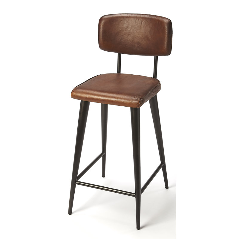 Tabouret de comptoir 26 po Bertita, Noir, Cuir véritable brun moyen