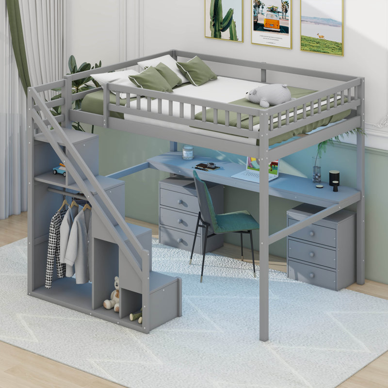  Lit mezzanine avec deux commodes, bureau et bande lumineuse, Double, gris