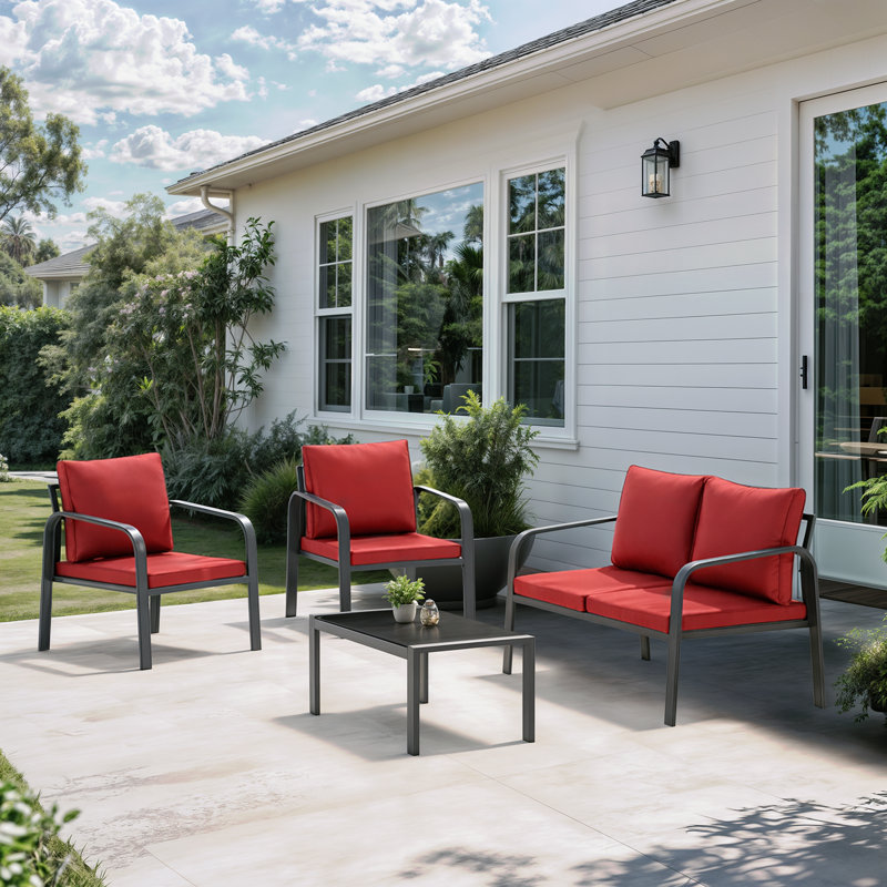 Outdoor Patio Furniture Set, 4 Piece Conversation Set with Chair, Coffee Table, Loveseat and Cushion, Red