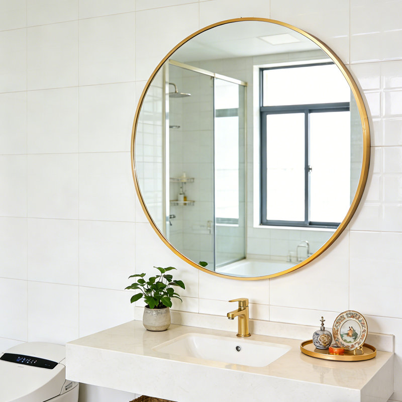 Miroir de salle de bain rond avec cadre en alliage d'aluminium et verre trempé, 36 po x 36 po, Laiton brossé
